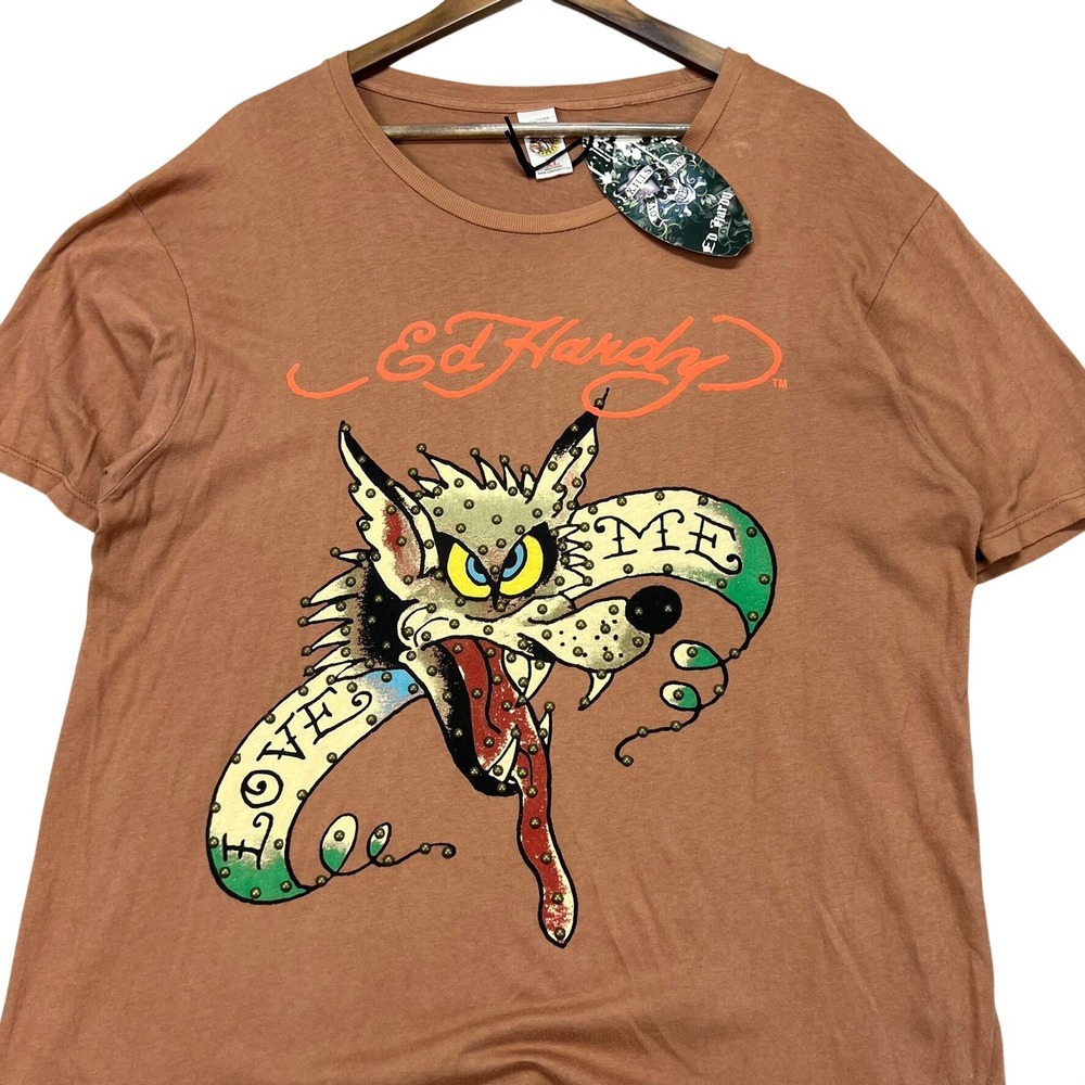 Ed Hardy Graphic T Shirt Mens XL Love Me Wolf Rhinestone Terracotta Brown NWT